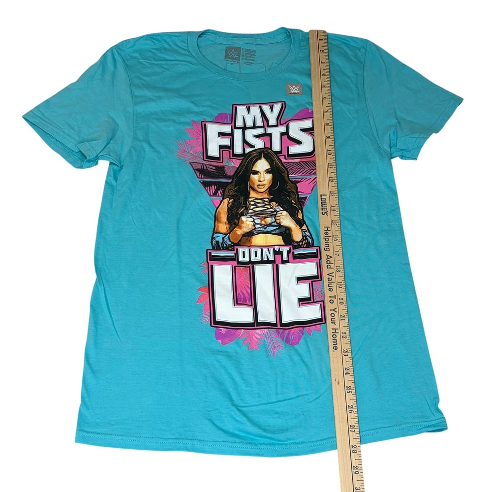 WWE Lola Vice NXT Tshirt My Fists Don't Lie Size Small Wrestling Divas Teal NEW - Picture 3 of 4